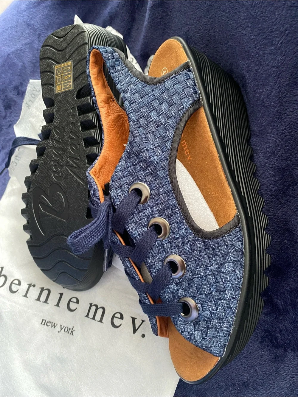 bernie mev. Navy Woven Open-Toe Lace-Up Sandals